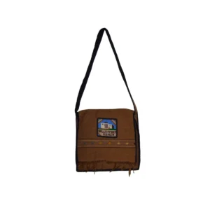 Brown canvas crossbody bag with Baltit Fort Hunza architectural print panel