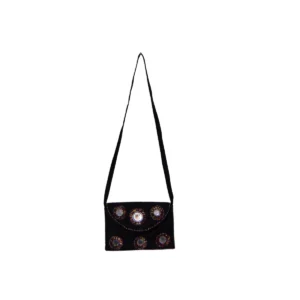 Black shoulder bag with silver-toned shisha mirrors and seed bead constellation pattern