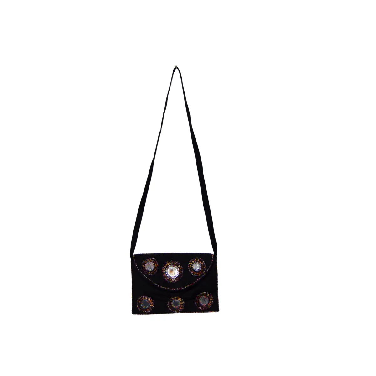 Black shoulder bag with silver-toned shisha mirrors and seed bead constellation pattern