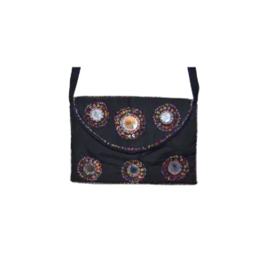 Black shoulder bag with extensive multicolor shisha mirror and bead coverage