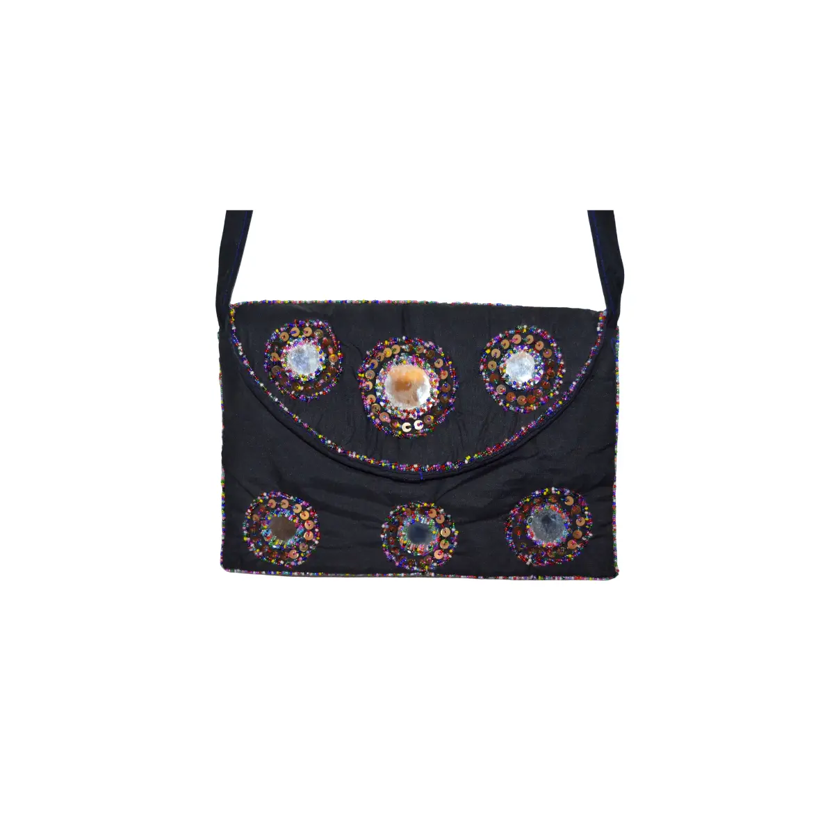 Black shoulder bag with extensive multicolor shisha mirror and bead coverage