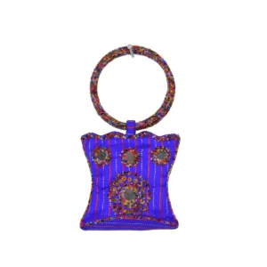 Sapphire blue bag with multicolor beaded handle and silver ring-top closure hardware