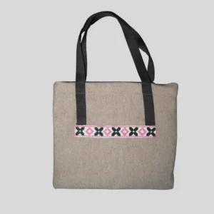 Natural beige canvas tote bag with pink and black geometric ethnic trim border
