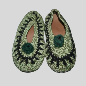 Green striped crochet ballet flat slippers with dark green flower rosette accent