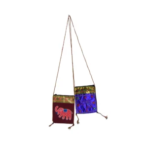 Two embroidered drawstring pouches with elephant motif designs in burgundy and purple