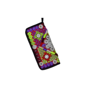 Black wallet with vibrant multicolor geometric embroidery in rainbow colors
