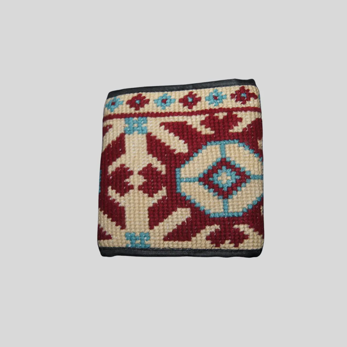Kilim pattern bifold small wallet with traditional geometric design in burgundy and turquoise