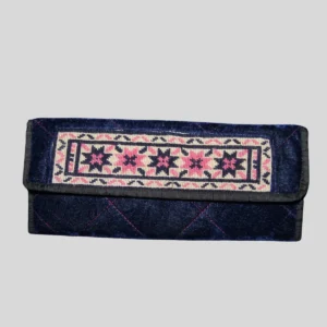 Navy blue velvet clutch wallet with hand-embroidered traditional floral panel in pink