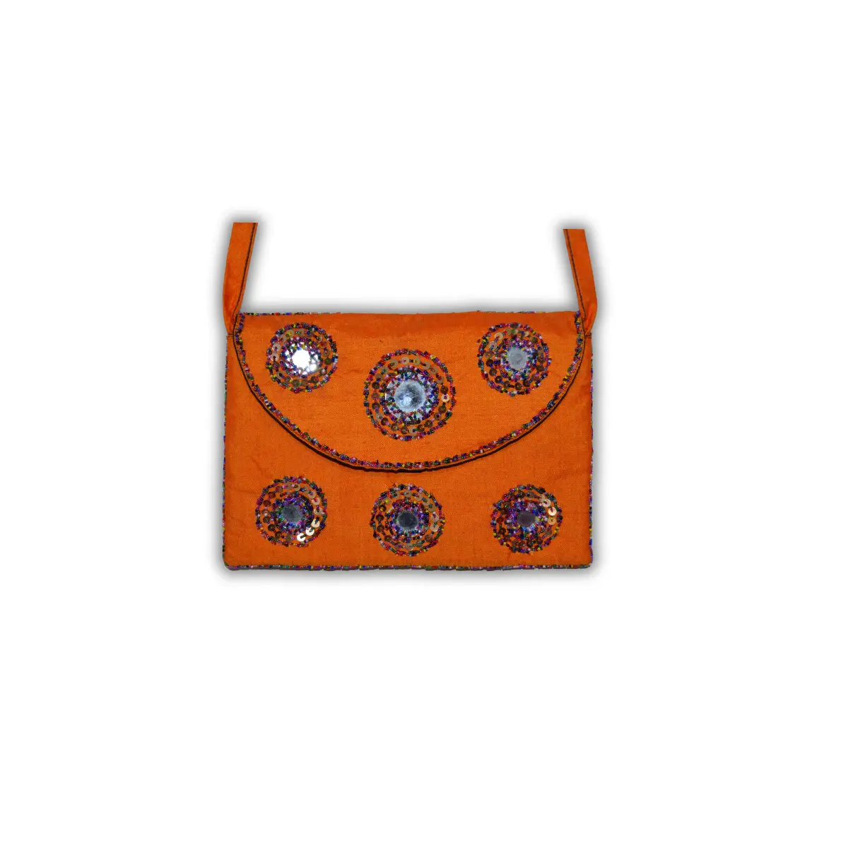 Orange textile shoulder bag with dense shisha mirror coverage creating mosaic effect