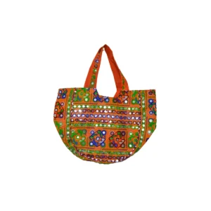 Circular orange tote bag with shisha mirror embellishment and geometric form