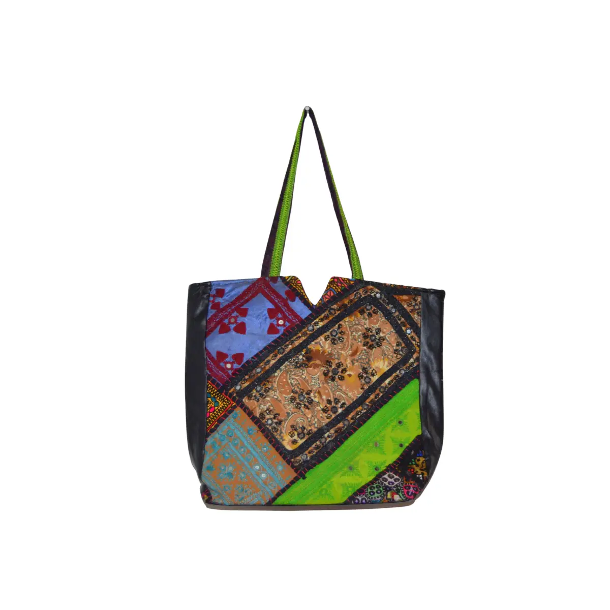 Geometric patchwork tote with mixed fabrics and shisha mirror accents