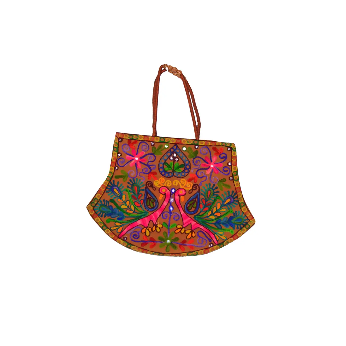 Orange shoulder bag with vibrant peacock embroidery in blues, greens, and pink