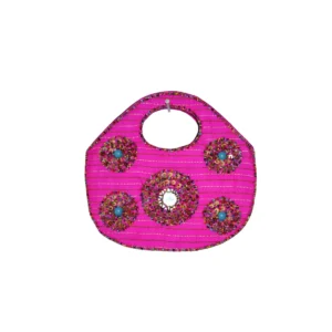 Blush pink bag with beaded top handle and shisha mirror embellishment