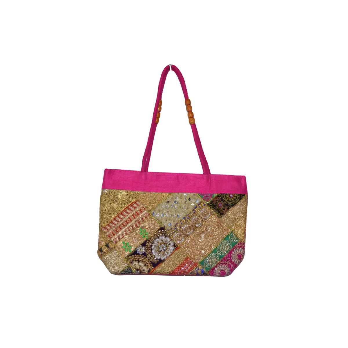 Pink tote bag with beads, sequins, and gold embroidery creating layered sparkle