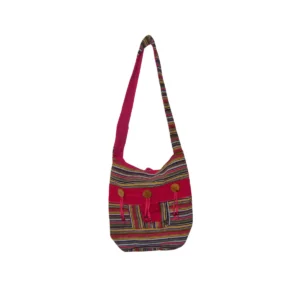 Pink woven hobo bag with decorative wooden button closure details