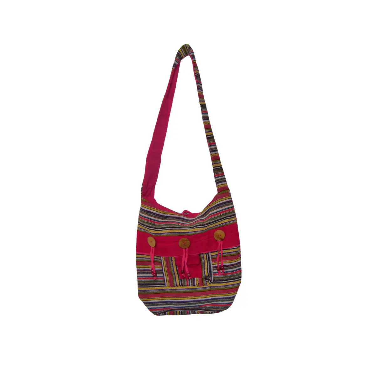Pink woven hobo bag with decorative wooden button closure details