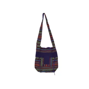 Purple crossbody messenger bag with multicolor ethnic stripe pattern and adjustable strap