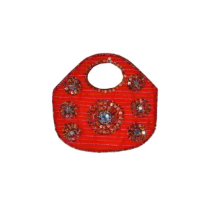 True red handle bag with beaded top grip and silver shisha mirror embellishment