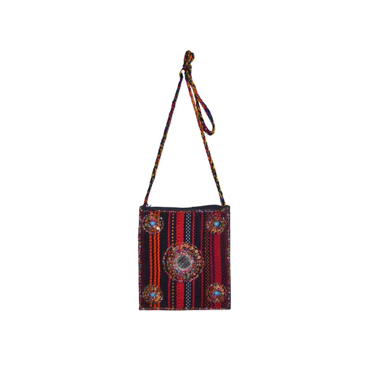 Multicolor striped shoulder bag with scattered shisha mirrors and seed bead embellishment