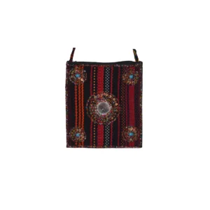 Horizontally striped shoulder bag with mirrors integrated into stripe pattern rhythm