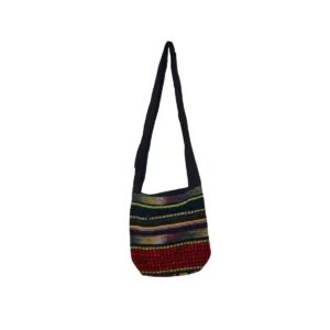 Handwoven striped shoulder bag with traditional ethnic patterns and neutral base