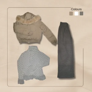 Tan hooded puffer with faux fur trim, polka dot shirt, grey joggers in casual outfit flatlay