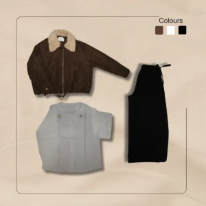 Chocolate brown corduroy bomber with cream sherpa collar, white oversized shirt, black wide leg pants flatlay