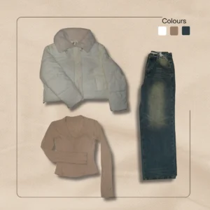 Ivory puffer coat with grey fur collar, beige crop top, vintage light wash wide leg jeans flatlay