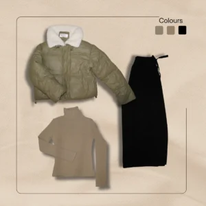 Army green puffer parka with white fur collar trim, tan turtleneck, black wide leg pants flatlay