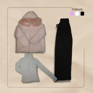 Blush pink puffer parka with fur hood trim, white turtleneck, black wide leg trousers flatlay