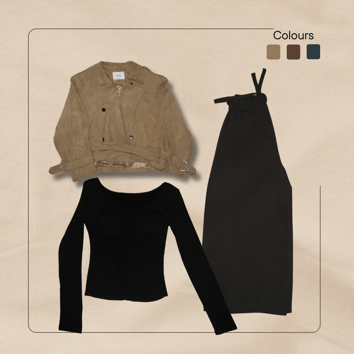 Camel belted trench coat with black scoop neck tank and charcoal grey wide leg pants flatlay