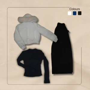 White diamond-quilted cropped puffer with black long sleeve top and black wide leg pants flatlay