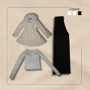 Cream sherpa teddy coat with off-white long sleeve shirt and black wide leg joggers flatlay