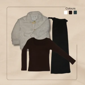 White fuzzy sherpa jacket with brown tank top and black wide leg pants laid flat on neutral background