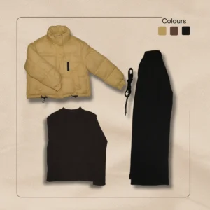 Mustard yellow cropped puffer coat with brown sleeveless shirt and black wide leg pants flatlay display