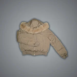 Tan hooded puffer jacket with adjustable drawstring, neutral beige tone, channel quilting detail shown