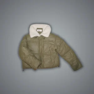 Khaki green hooded parka with faux fur trim, multiple pockets, mid-thigh military style coat