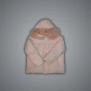 Dusty pink long parka with detachable faux fur hood trim, mid-thigh length on model, rose tone