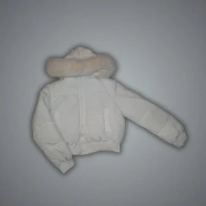 White puffer jacket with narrow channel quilting, matte hardware, lightweight design, ivory padded coat