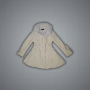White fluffy sherpa jacket cropped at waist, zipper front, textured pile fabric detail visible